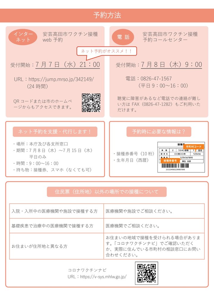 ワクチン接種予約方法の案内 ネット及び電話