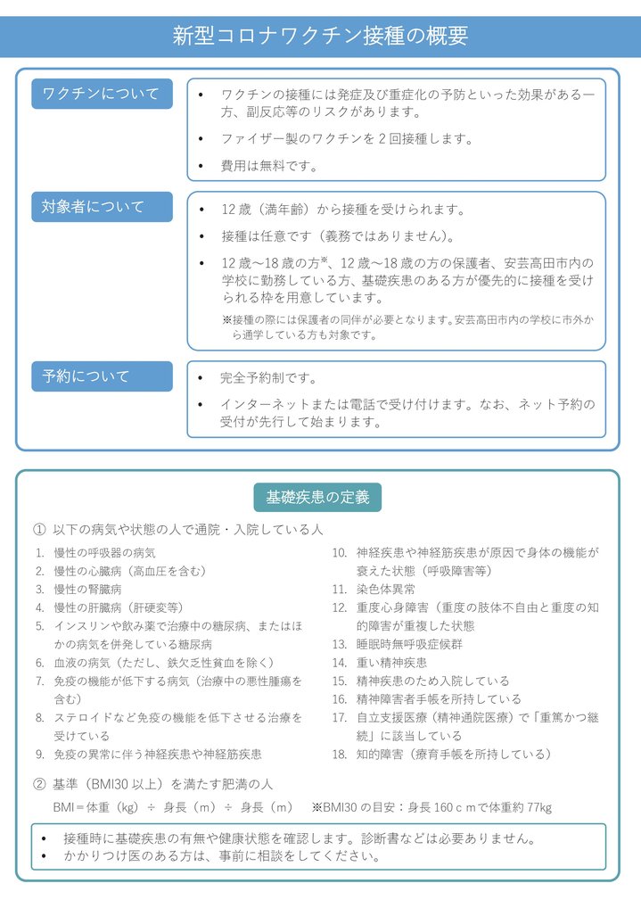 新型コロナウイルスワクチン接種の概要として、ワクチン・対象者・予約・基礎疾患の定義について記載した接種に関する案内文書の画像