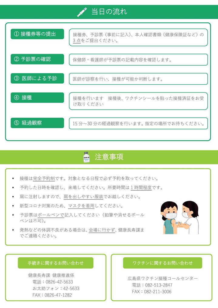 新型コロナウイルスワクチン接種の当日の流れと注意事項と問い合わせ先を記載した接種に関する案内文書の画像